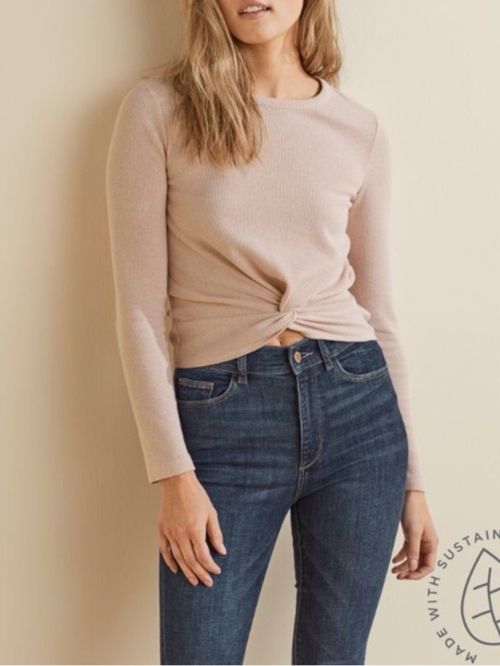 UpWest Blush Twist-Front Ribbed Long Sleeve Top
